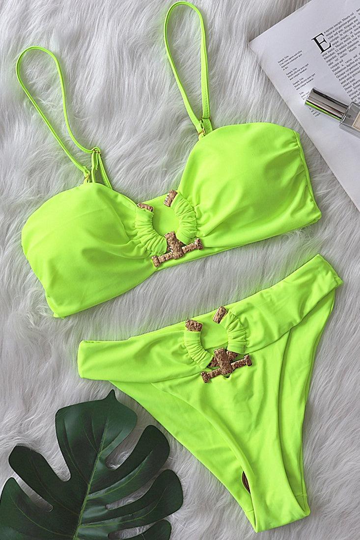 Lime Gold Metal Accent Padded Two Piece Swimsuit Areous