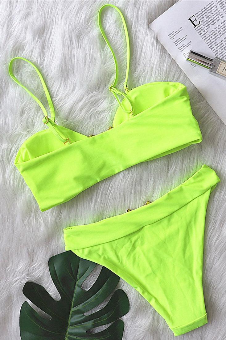 Lime Gold Metal Accent Padded Two Piece Swimsuit Areous