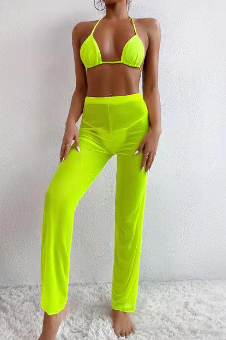 Lime Mesh Halter Three Piece Swimsuit Areous