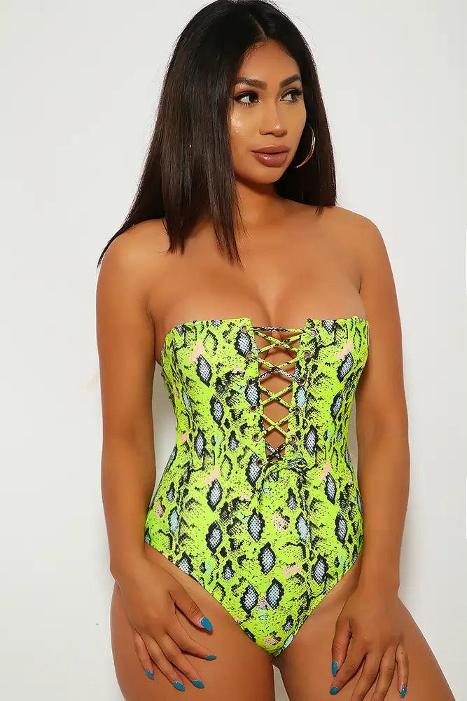 Lime Snake Animal Print Lace Up One Piece Swimsuit Areous