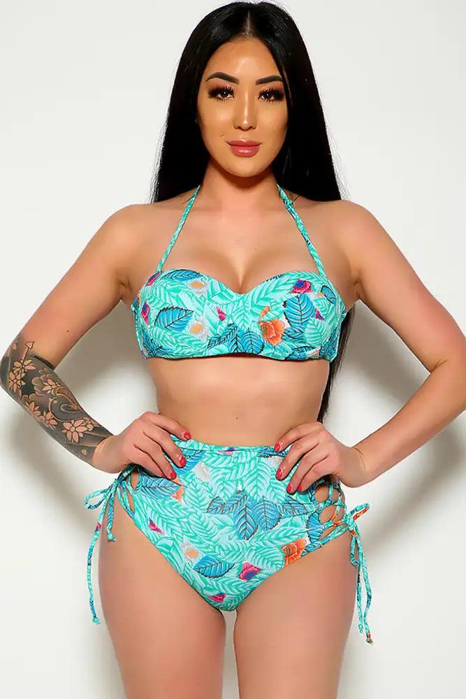 Mint Teal Printed Halter Push-Up High-Waisted Two Piece Swimsuit Areous