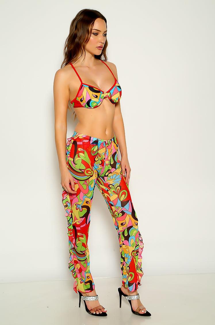 Multi Graphic Print Ruffled Three Piece Swimsuit Areous