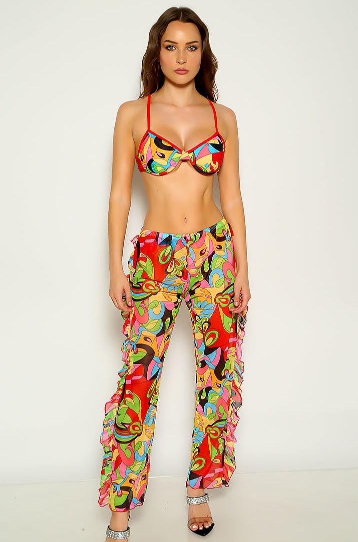 Multi Graphic Print Ruffled Three Piece Swimsuit Areous