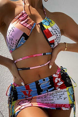 Multi Graphic Print Strappy Three Piece Swimsuit Areous