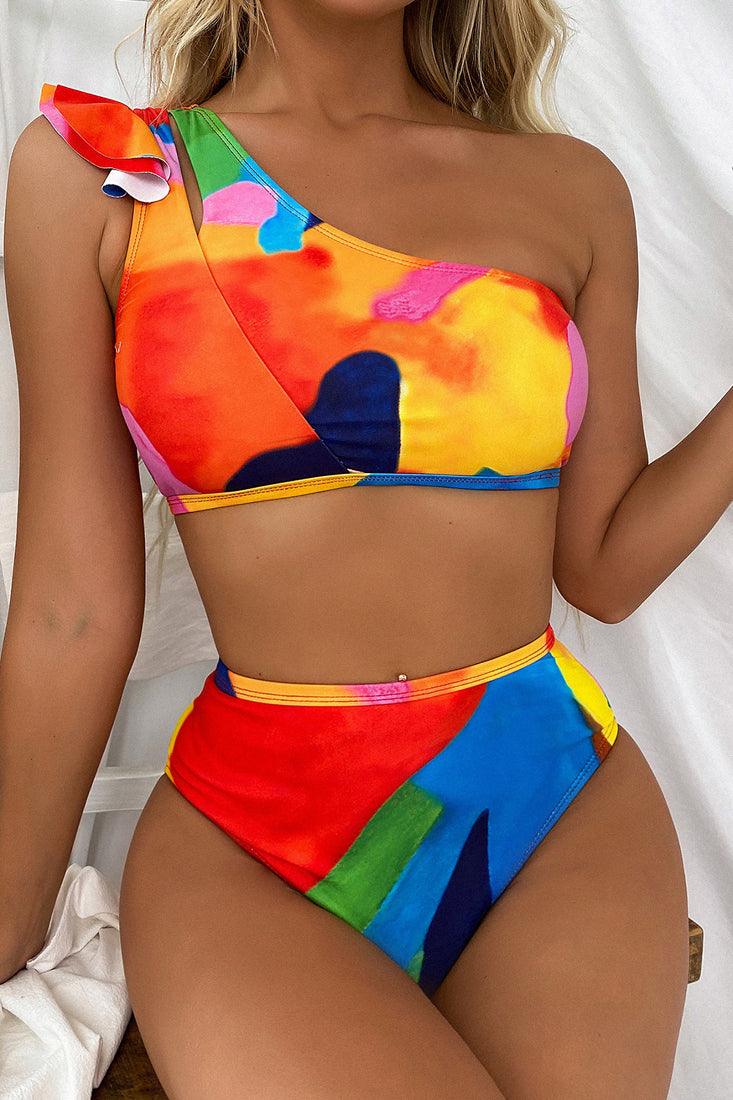 Multi Printed Ruffled Two Piece Swimsuit Areous