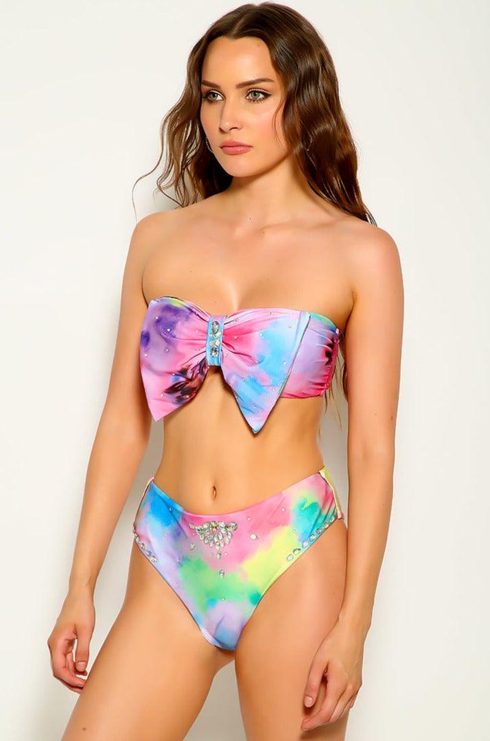 Multi Tie Dye Printed Strapless Two Piece Swimsuit Areous