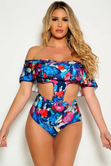 Navy Fuchsia Off The Shoulder Ruffle Layer One Piece Swimsuit Areous