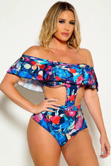 Navy Fuchsia Off The Shoulder Ruffle Layer One Piece Swimsuit Areous