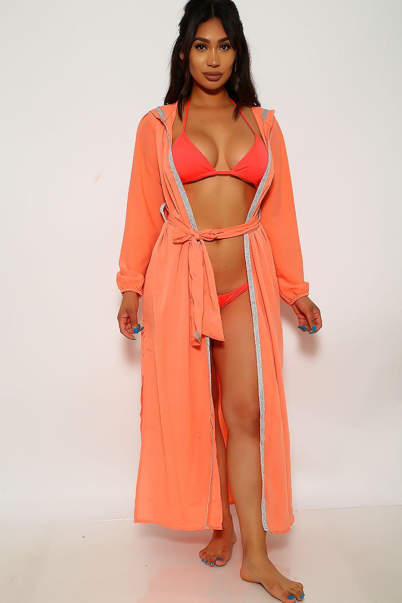 Neon Coral Shimmery Three Piece Swimsuit Set Areous