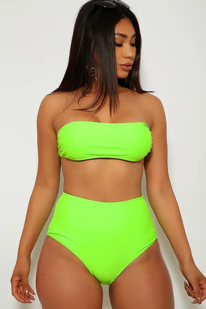 Neon Lime High Waist Bandeau Two Piece Swimsuit Areous