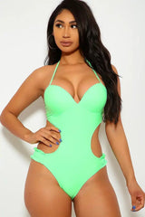 Neon Lime One Piece Cut Out Ruffled Swimsuit Areous