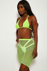 Neon Lime Rhinestone Fishnet Two Piece Swimsuit Areous