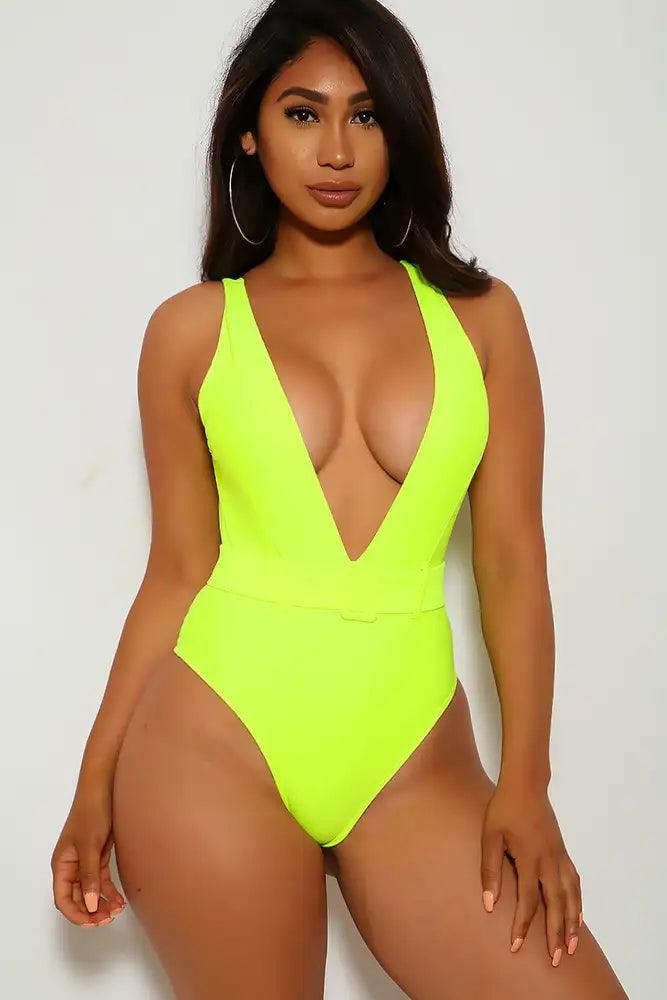 Neon Lime V-Cut One Piece Swimsuit Areous