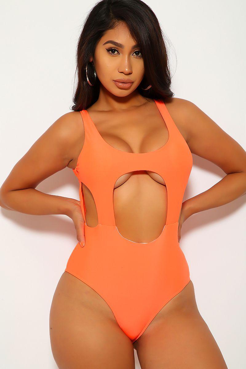 Neon Orange Cut Out Cheeky One Piece Swimsuit Areous