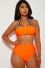 Neon Orange Love Halter High Waist Two Piece Swimsuit Areous