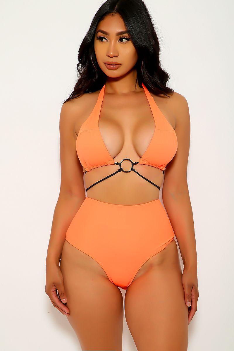 Neon Orange O-Ring Strappy Two Piece Swimsuit Areous