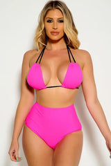 Neon Pink Black Strappy Halter High Waist Two Piece Swimsuit Areous