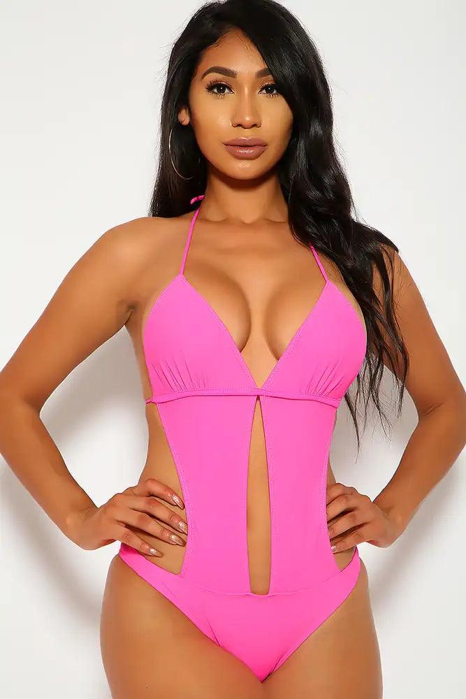 Neon Pink Halter Cut Out One Piece Monokini Swimsuit Areous