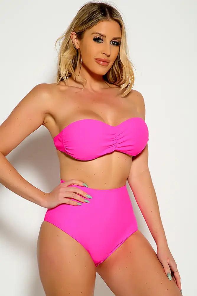 Neon Pink Strapless Bandeau High Waist Two Piece Swimsuit Areous