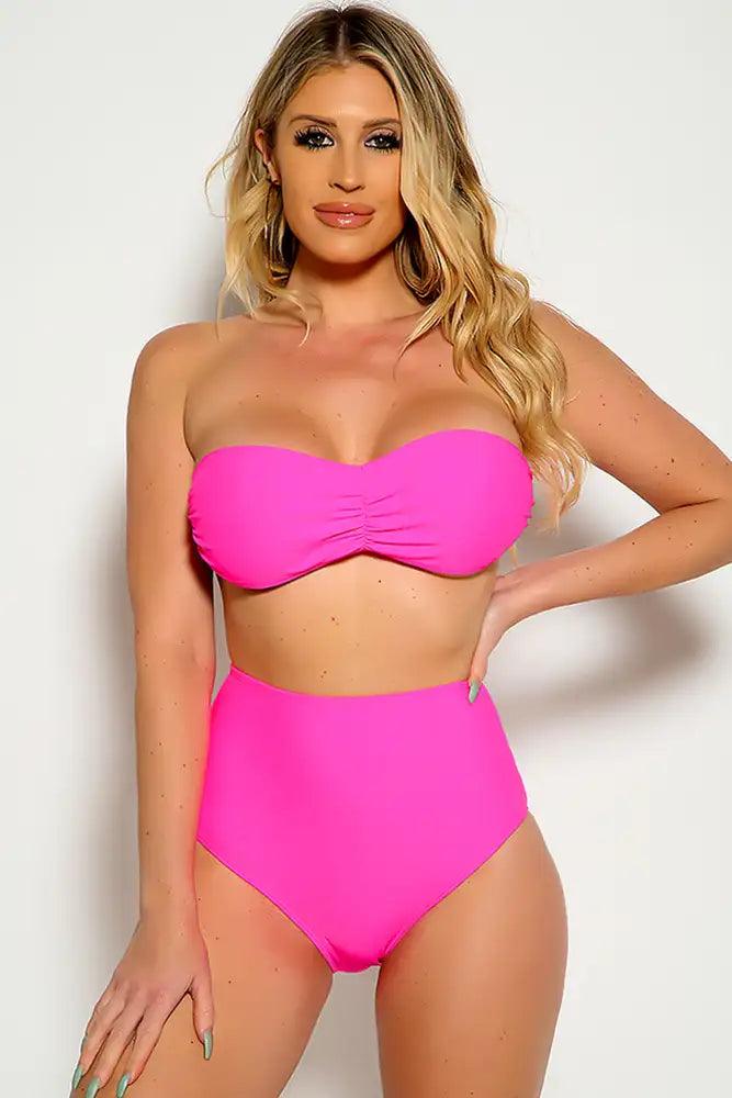 Neon Pink Strapless Bandeau High Waist Two Piece Swimsuit Areous