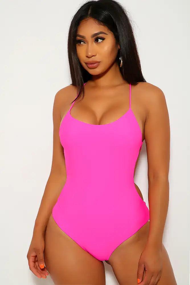 Neon Pink Strappy One Piece Swimsuit Areous