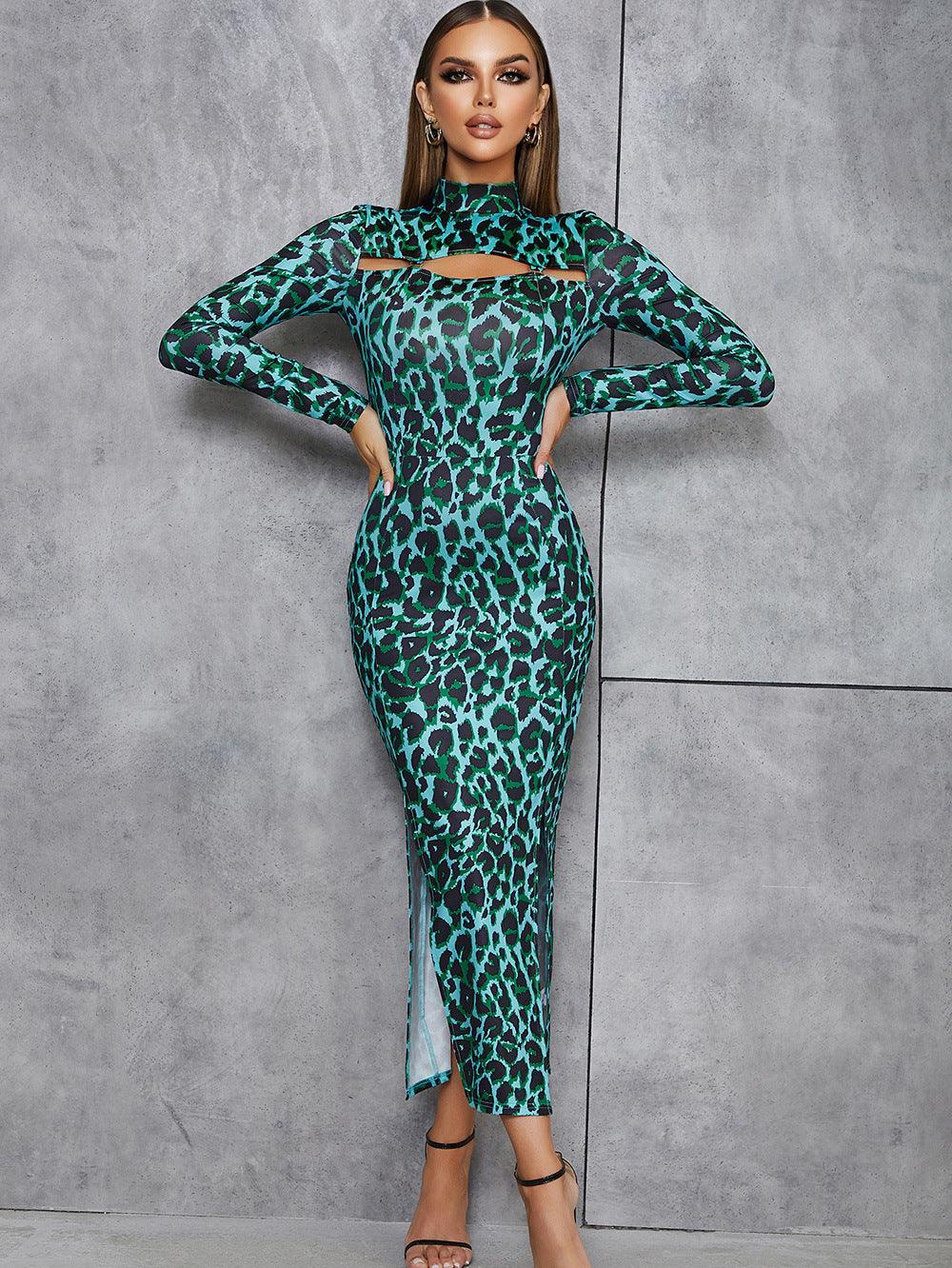 Hollow Leopard Print Thin Body-fitting Long Bandage Dress