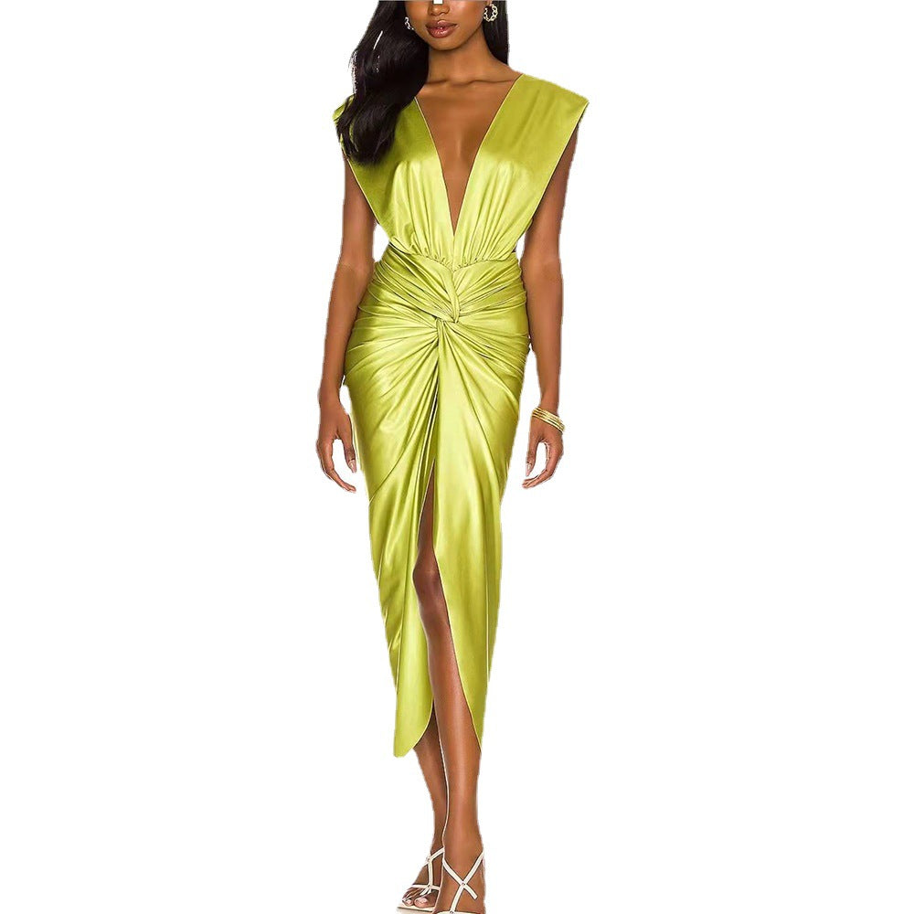 Glossy Backless Pleated Halter V Neck Cocktail Midi Dress - Green