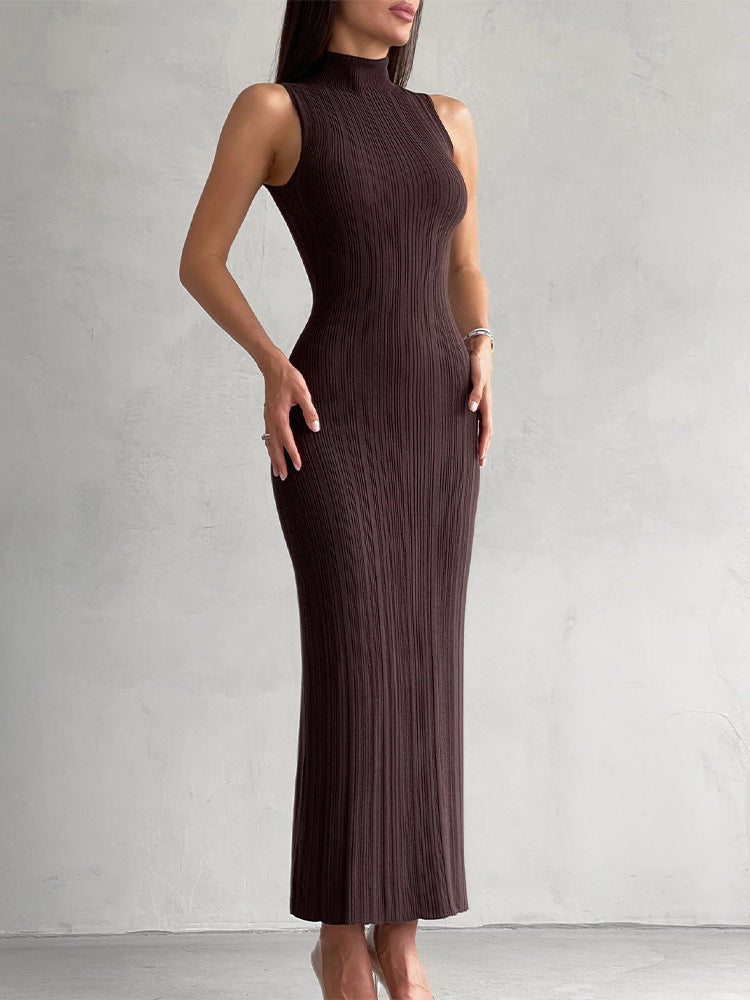 Knitted turtleneck sleeveless slim maxi dress