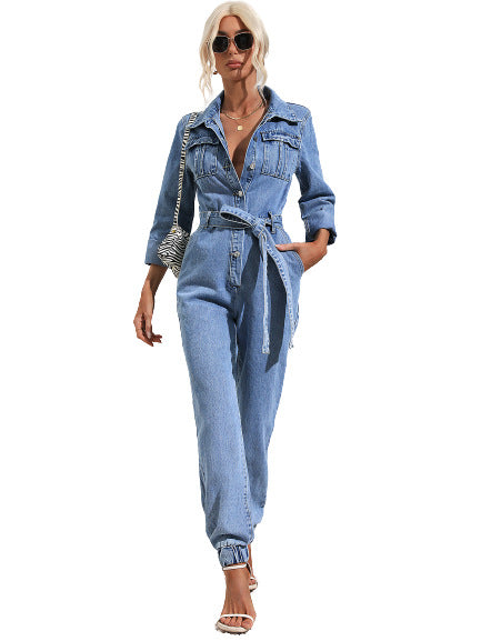 Casual slim fit denim jumpsuit