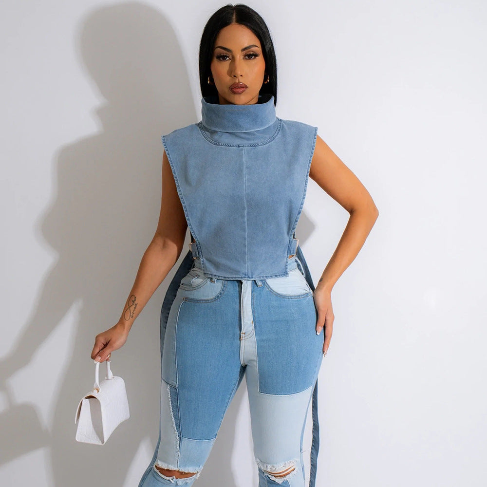 High collar sleeveless denim short vest