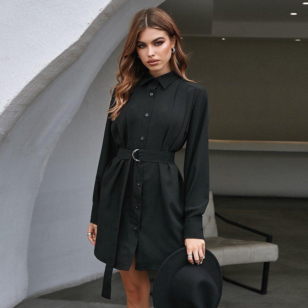 lapel belt single-breasted thin waist shirt dress