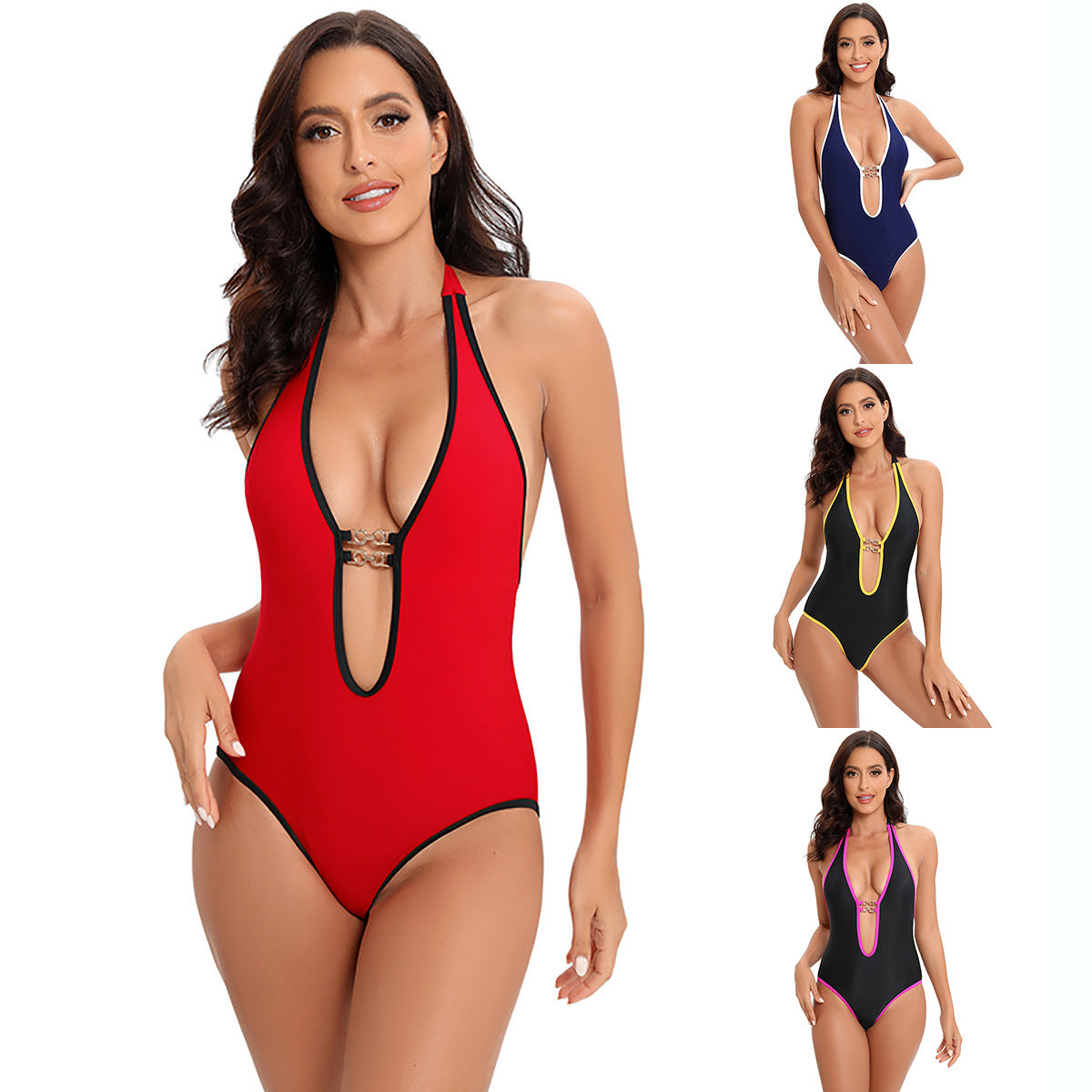 Black One Piece Deep-V Swimwear with Contrast Trims