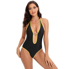 Black One Piece Deep-V Swimwear with Contrast Trims