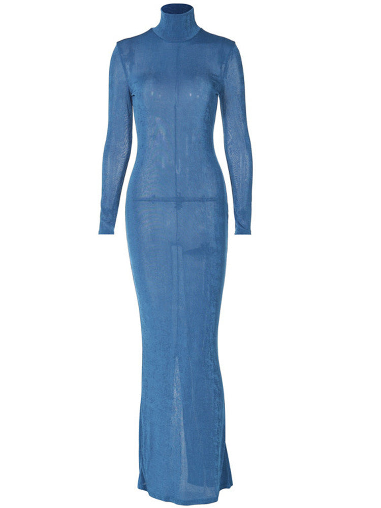 High-neck long-sleeved slim dress