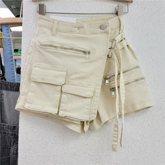 Irregular multi-pocket denim shorts