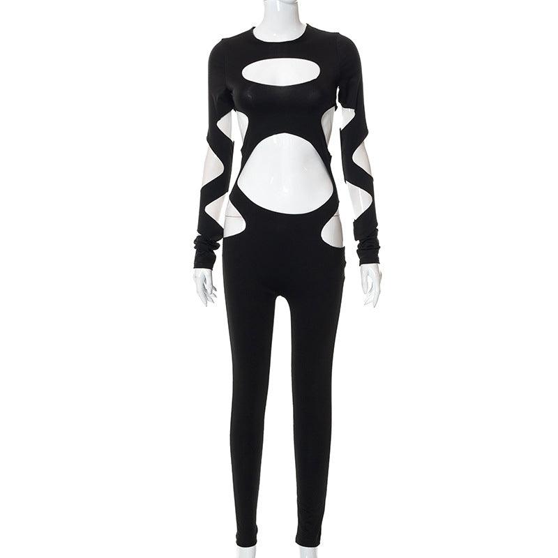 Hollow out navel long-sleeved slim jumpsuit