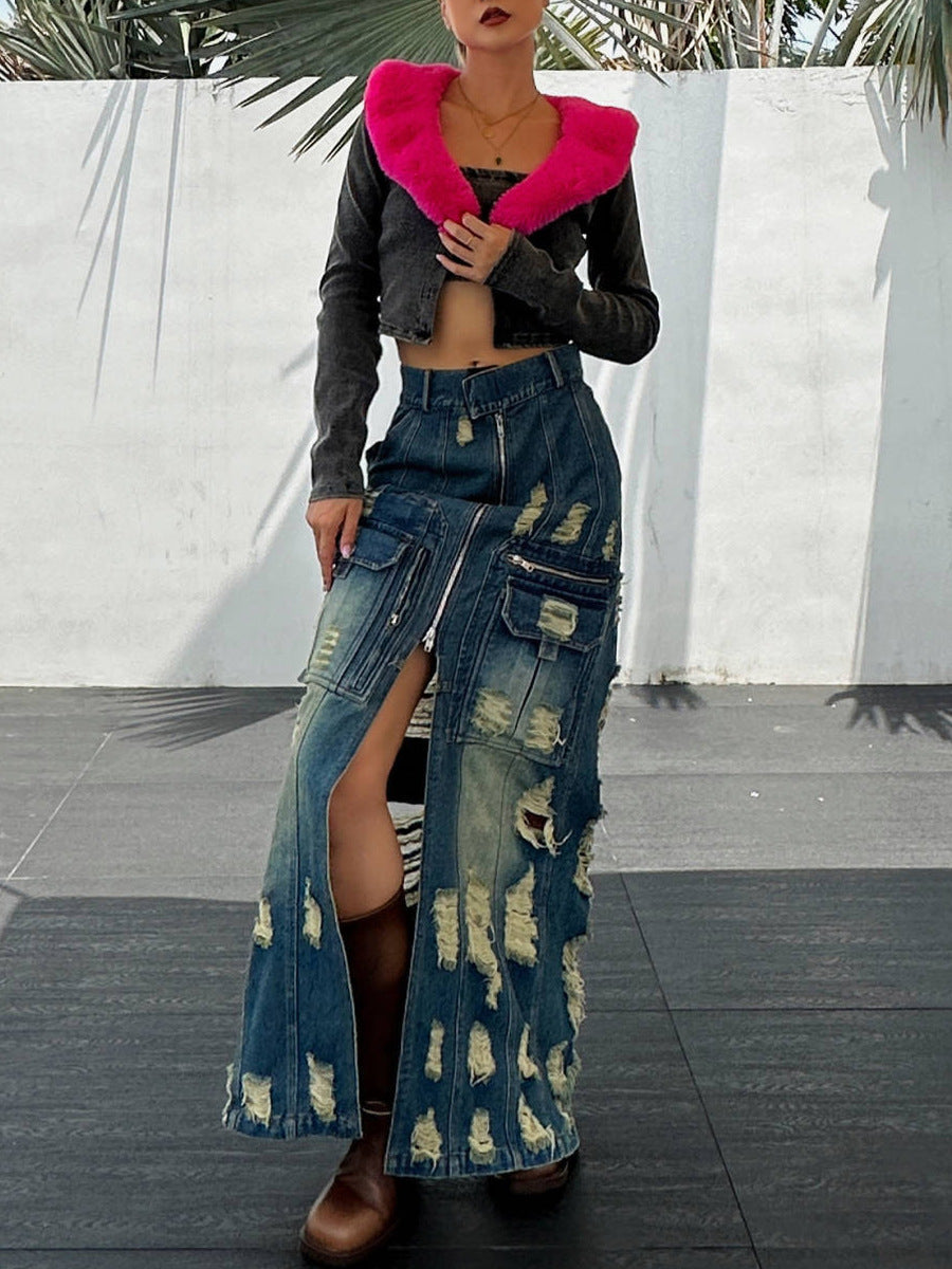 Frayed slim Denim long skirt