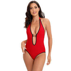 Black One Piece Deep-V Swimwear with Contrast Trims