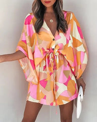 Flying sleeves printed beach dress