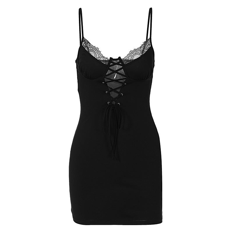 Lace sexy hollow suspender dress