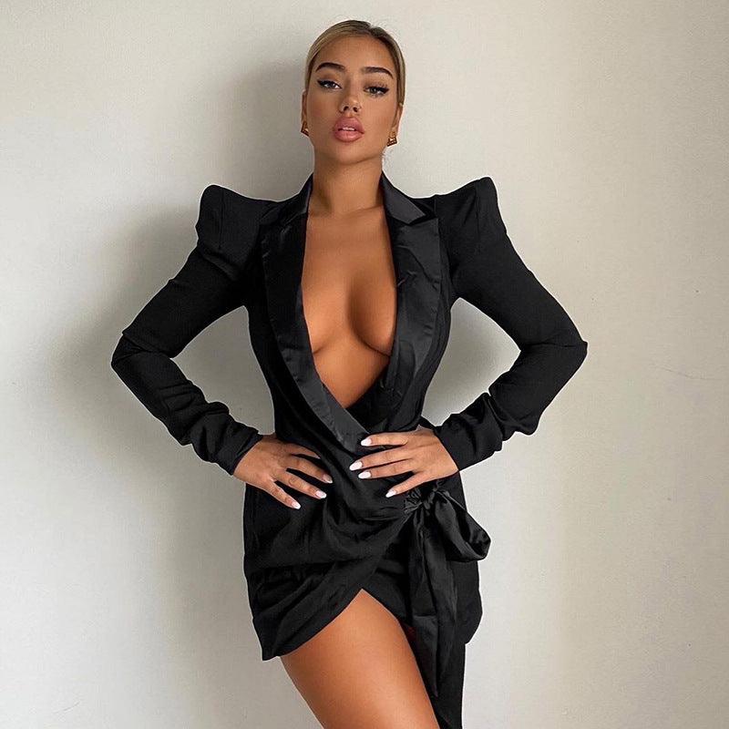 Deep V suit collar long sleeve tie dress