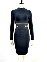 Gold Button Rivet Bandage Black Mini Long Sleeve Dress