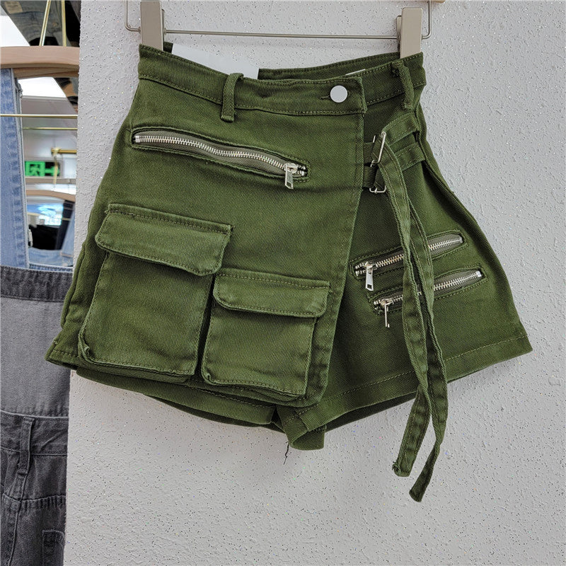 Irregular multi-pocket denim shorts