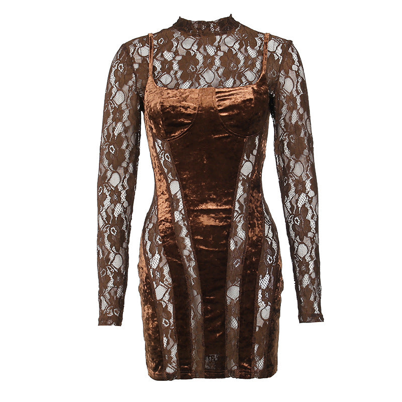 High-neck lace long-sleeved slim dress