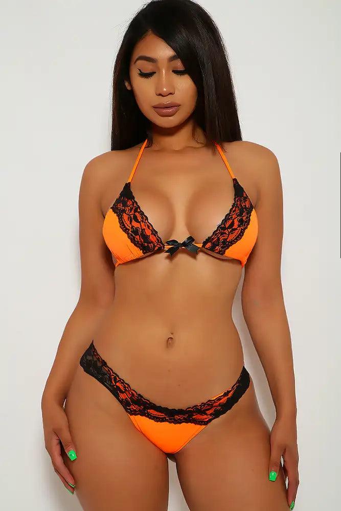 Orange Black Lace Two Piece Pucker Back Swimsuit Areous