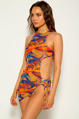 Orange Blue Printed Three Piece Swimsuit Areous