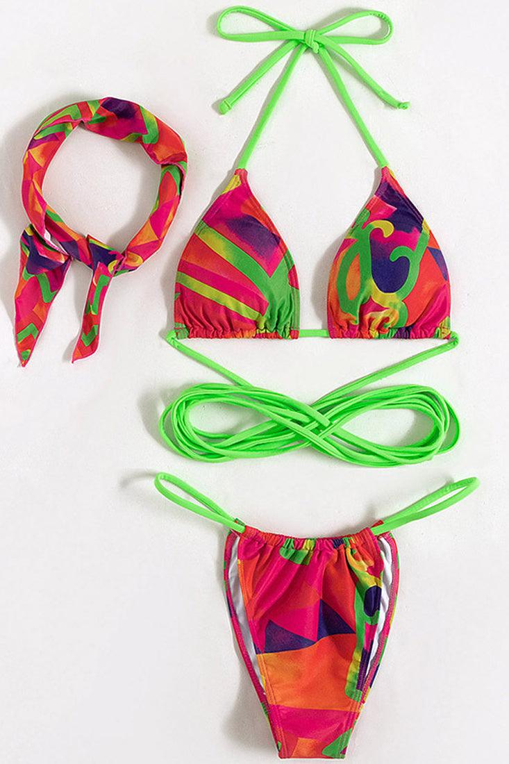 Orange Lime Graphic Print Strappy Three Piece Swimsuit Areous