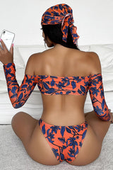 Orange Navy Leaf Print Cheeky Three Piece Swimsuit Areous