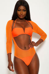 Orange V-Wire Long Sleeves Two Piece Swimsuit Areous