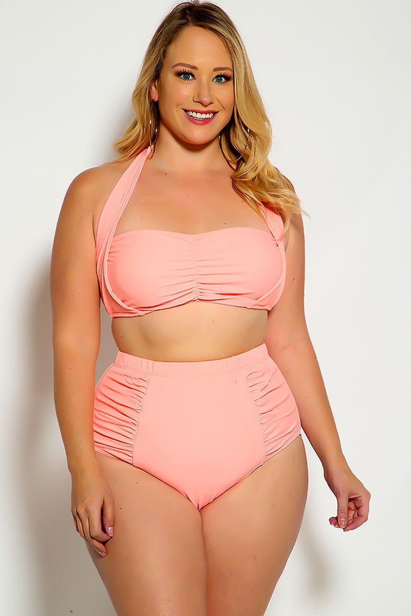 Peach Bold Halter Top Ruched High Waist Two Piece Swimsuit Plus Areous